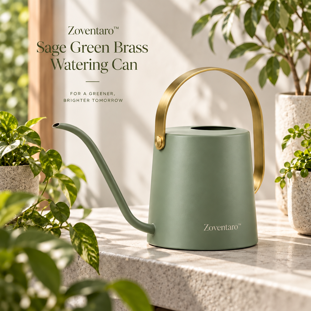 Sage Green Brass Watering Can — Lifestyle Image