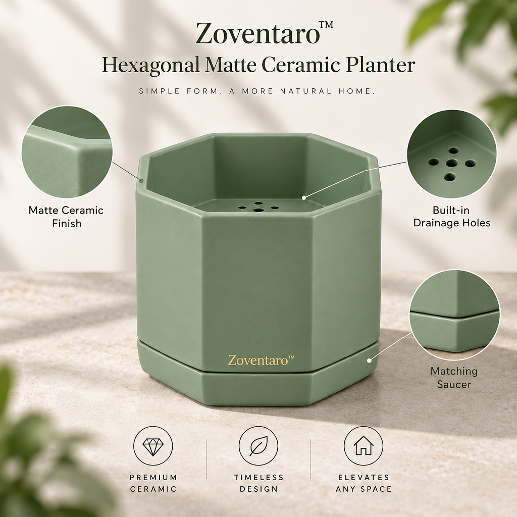 Hexagonal Matte Ceramic Planter — Materials & Structure
