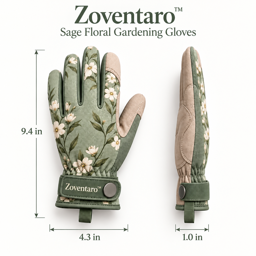 Sage Floral Gardening Gloves — Product Dimensions